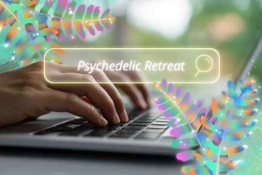 Trustworthy Psychedelic Retreats. A side view of a laptop with someone's hands typing on it. Overlayed on the image is a semi-sheer search bar with the words "Psychedelic Retreat" typed in it. There are also dreamy, sparkly, colorful leaves in the top-left and bottom-right corners of the image.