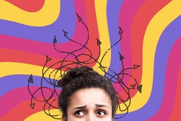 Support Group. A background of a retro pattern of flowing colorful lines in purple yellow, orange, and pink. In the foreground of the picture is the top half of a person's head. They are furrowing their eyebrows and have their hair in a bun. There are doodles of arrows swirling around their head indicating confusion. 
