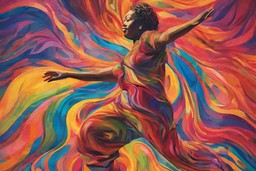 Integration Process. A paint-effect image which combines the fluidity and motion of a person engaged in mindful dance or movement with vibrant colors and flowing patterns in the background, which merge with the person's jumpsuit in the same patterns and colors.