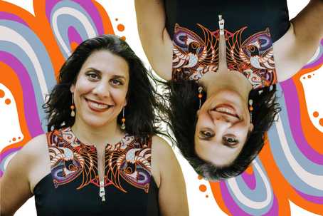 Master Plants. Photo of Dr. Maya Shetreat, duplicated and flipped both horizontally and vertically so that they are mirrored. The photo is cropped just above the chest line. She is wearing a black dress or top with orangey red patterns spotted with grey and blue. Behind her on a white background is a psychedelic pattern in orange, purple, dusty blue and grey.