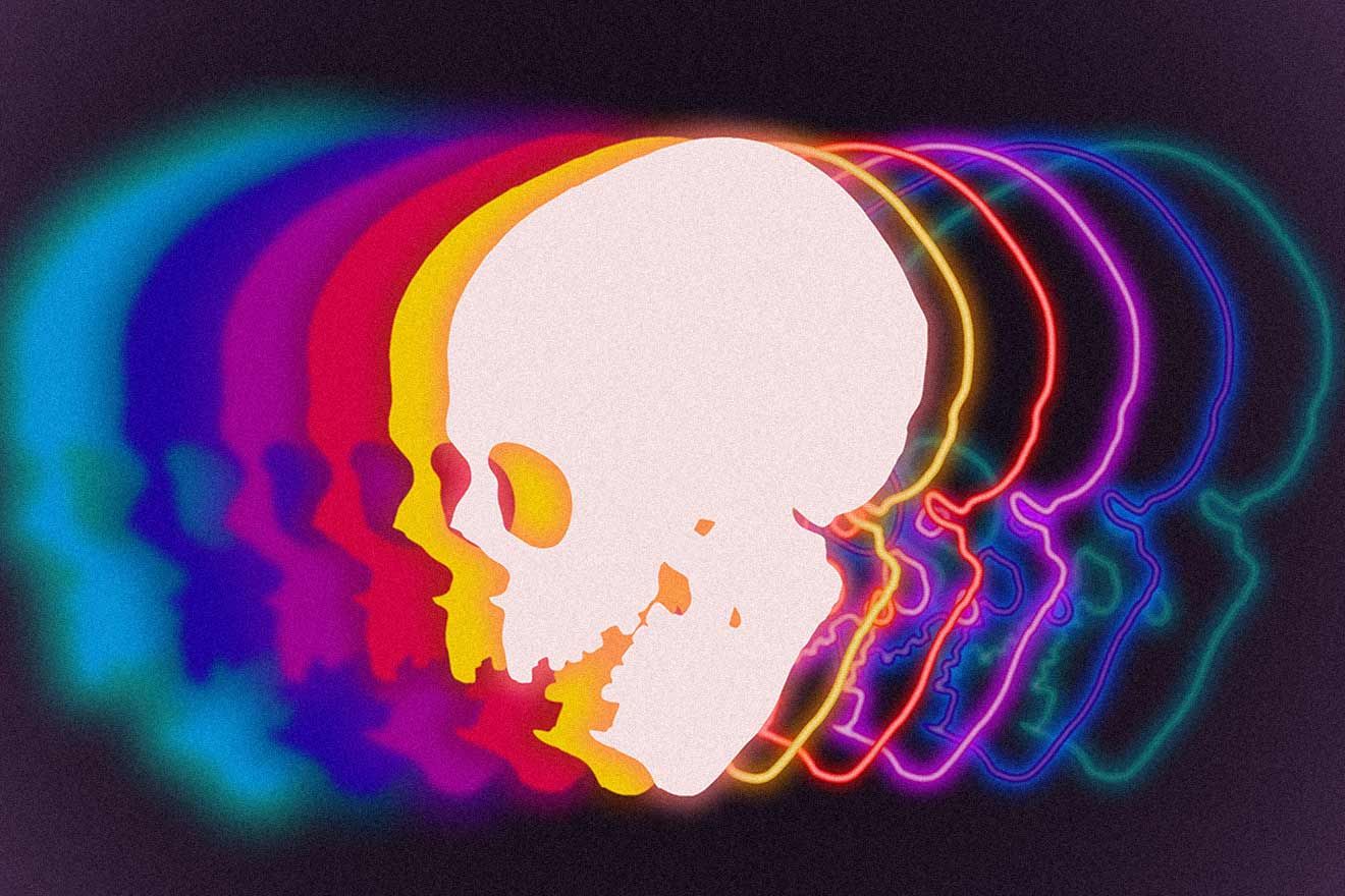 The Dark Side of Plant Medicine. A flat color profile of a skull in white, with repetitions of the skull in different colors and decreasing clarity layered behind the central one on either side. To the left, the skulls are filled in with the colors yellow, pink, purple, blue, and turquoise. To the right, the skulls are outlines only in the same colors, with a neon light effect.