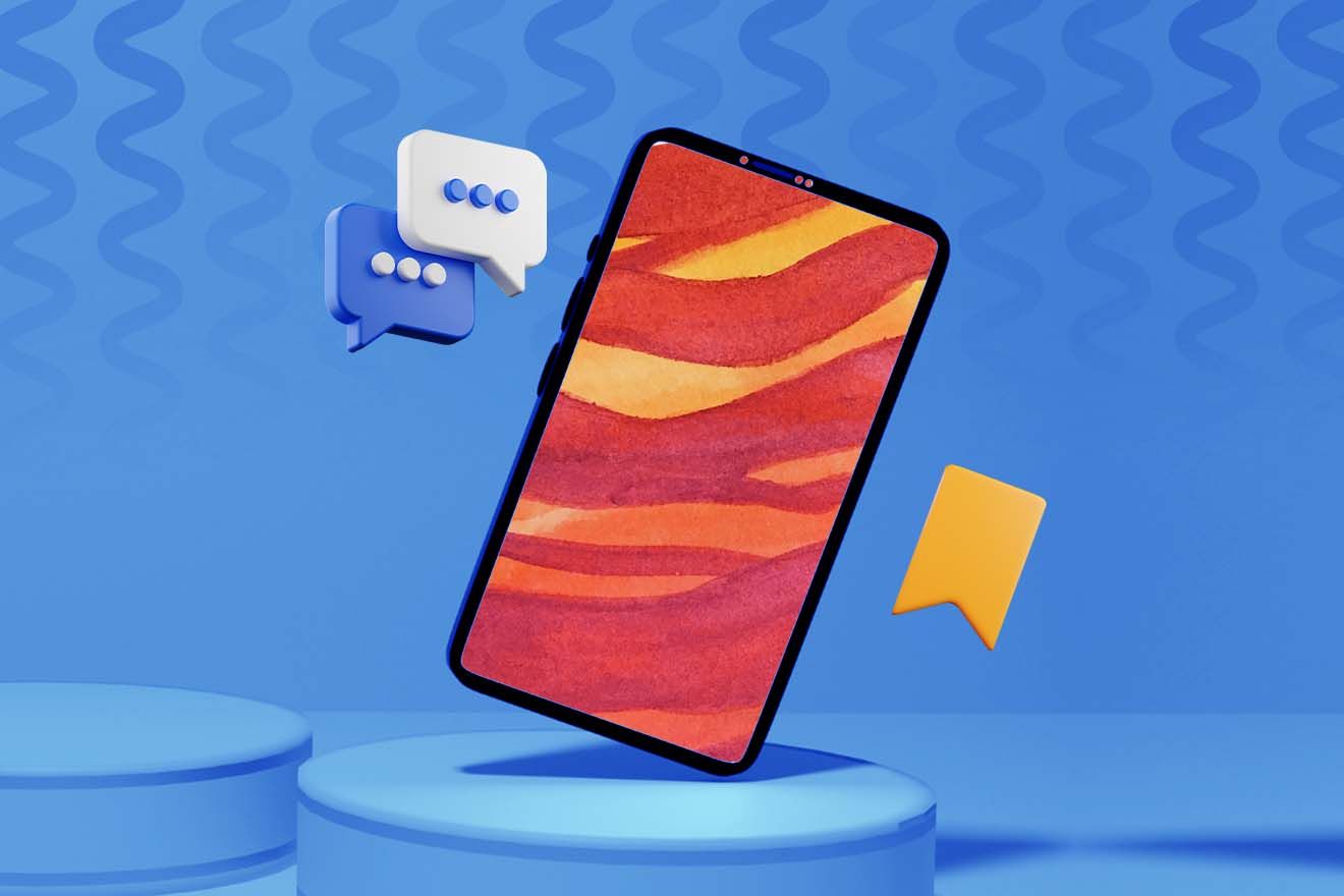 Enhance Your Psychedelic Trip. A blue background wall and floor with two round blue podiums, one which takes up the majority of the visible floor area. On this podium is a smartphone balancing on one of its corners. On the phone screen is a red, orange and yellow background.