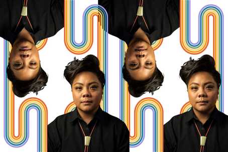Racialized trauma. An image of Wilhemina De Castro, with the background removed, in a repeating pattern of the image being the right way up and then upside down. There is a graphic of neat rainbow lines weaving through the repeats of Wilhemina.