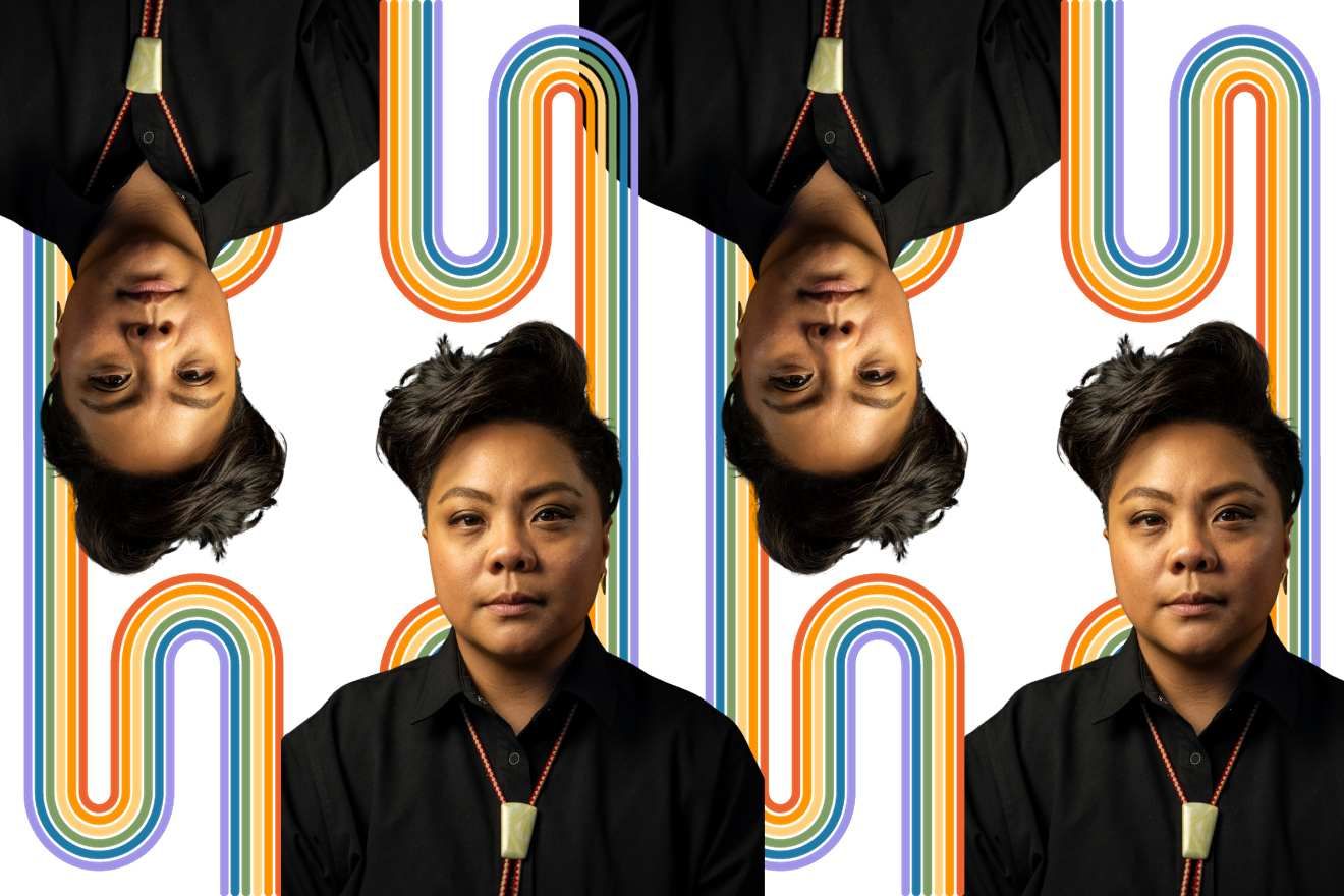 Racialized trauma. An image of Wilhemina De Castro, with the background removed, in a repeating pattern of the image being the right way up and then upside down. There is a graphic of neat rainbow lines weaving through the repeats of Wilhemina.
