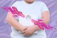 Treatment options for obesity. A dusty purple background with liquidy patterns. There is a larger-sizes person in a white t-shirt holding a scale, cropped to just their torso. There are also some pink psychedelic liquid patterns around the scale.