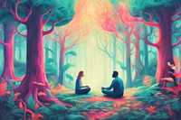 Psychedelics and nature. A serene nature setting with green and slightly psychedelic colors, with two people sitting on the ground in the clearing of the forest who are talking. The image is AI-generated.