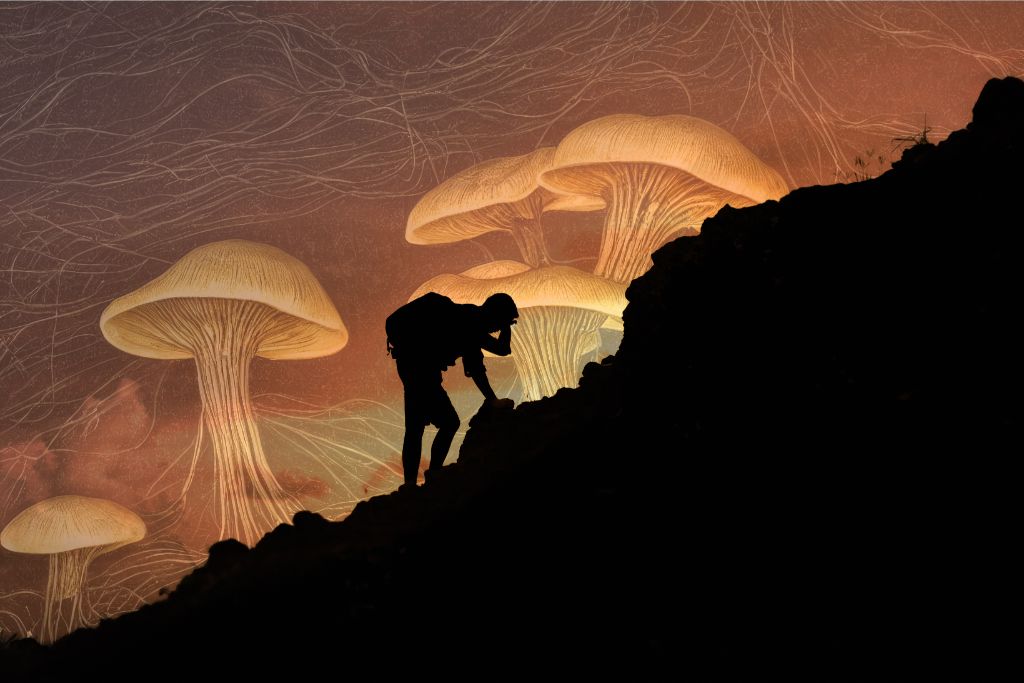 Extended Difficulties Following Psychedelic Use. A silhouette of a hiker/climber ascending a mountain on a challenging hike. There is a sunset in the background, with some golden psilocybin mushrooms and linework overlaid.