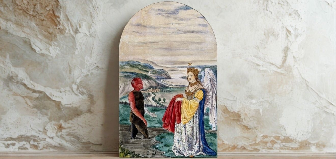 Integration insights. Alchemical depiction of citrinitas: Emergence from dark mud greeted by divine wisdom who holds the red robe, representing the final stage rubedo.