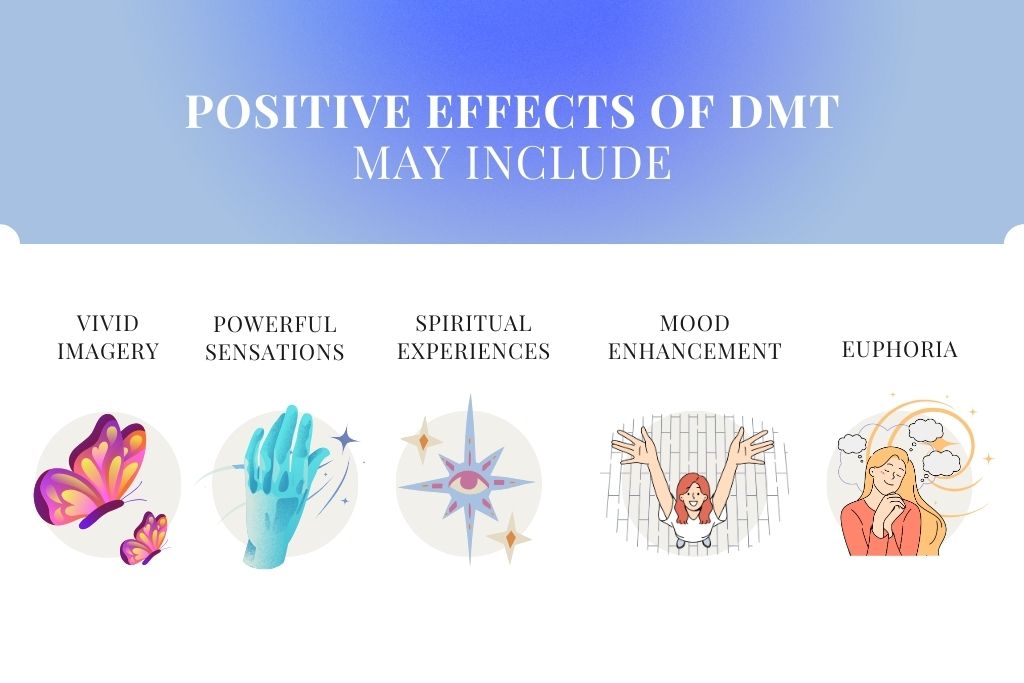 DMT Substance Guide. A list of some potential positive effects of DMT with associated images (from left to right): Vivid imagery (two butterflies), Powerful sensations (blue hand with sparkles), Spiritual experiences (a big star with a central eye, and two litle stars), Mood enhancement (a person with their hands in the air), Euphoria (a person with though bubbles and a peaceful facial expression)