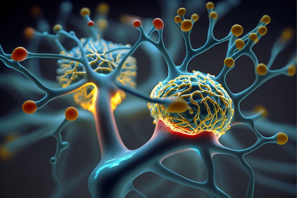 Alzheimer’s disease and related dementias. Neuron and synapse structures depicting the brain.