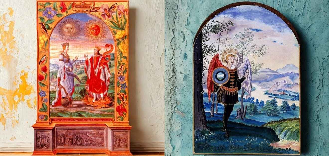 Integration insights. (Left) The sacred marriage of the white lunar Queen and the red solar King. (Right) The alchemical symbol of integrated consciousness.