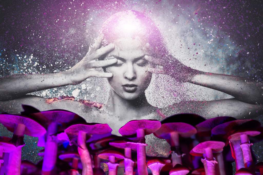 Psilocybin for Women. Galactic star-like purple and grey background with a woman in greyscale holding hands to temples and a glowing white light shining from forehead. Purple glowing psilocybin mushrooms line the foreground.