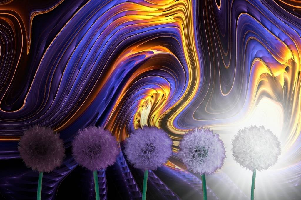 Childhood trauma in psychedelic journeys. A black, purple and orange background of swirling psychedelic metallic-looking patterns. There is a row of 5 dandelion flowers along the bottom of the image. From left to right, they gradually chnage from very dark purple with black shadows, to white with radiant light.