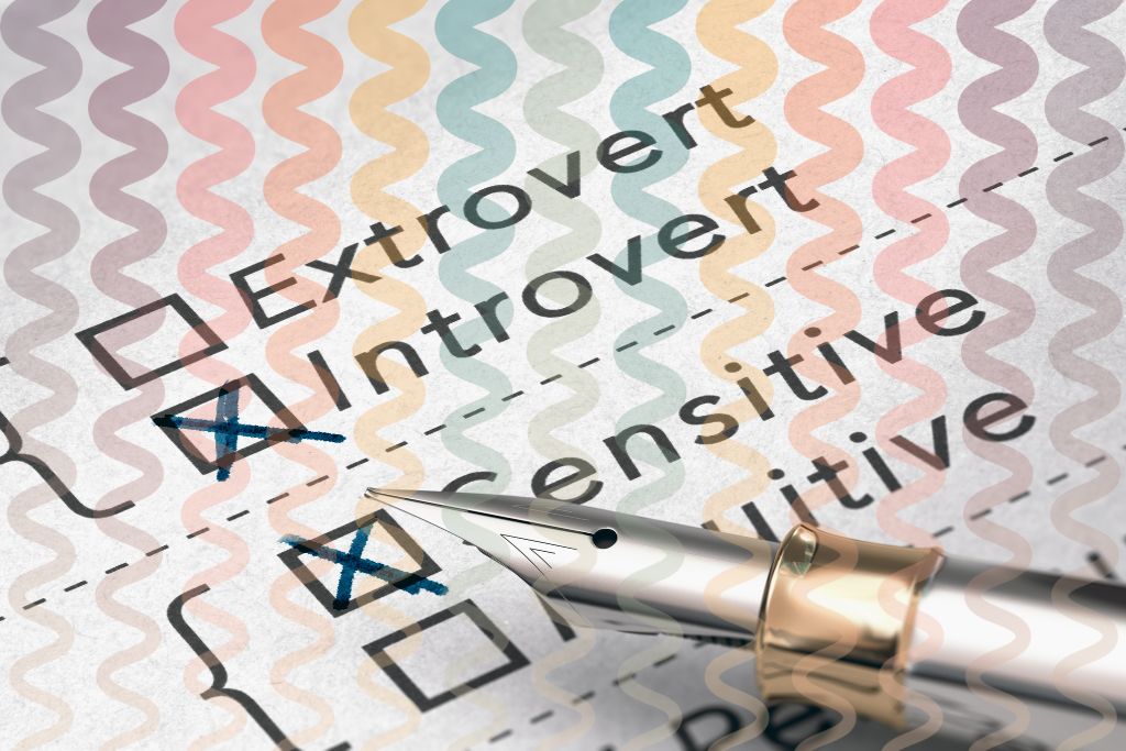 Personality Traits. 3D illustration of a personality test, with four options with checkboxes visible. In order from top to bottom, these are 'Extrovert,' 'Introvert,' 'Sensitive,' and 'Intuitive'. There is a fountain pen marking off options. Introvert and Sensitive are marked off. There are also faded, wavy zig-zag colorful lines over the image in a vertical direction, with this fading toward the bottom of the image.
