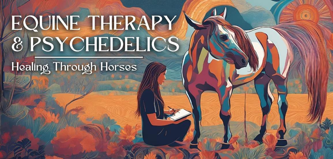 This image beautifully captures the essence of equine therapy, featuring a woman sitting and journaling beside a vividly colored horse. The warm, earthy tones and flowing, dreamlike shapes in the landscape evoke a sense of healing and transformation, reflecting the therapeutic connection between human and animal. The scene symbolizes the integration of personal insights gained through equine therapy and psychedelic experiences, inviting a calm, introspective journey. Perfectly aligned with the spirit of the course, it visually conveys the healing power of horses in therapy.