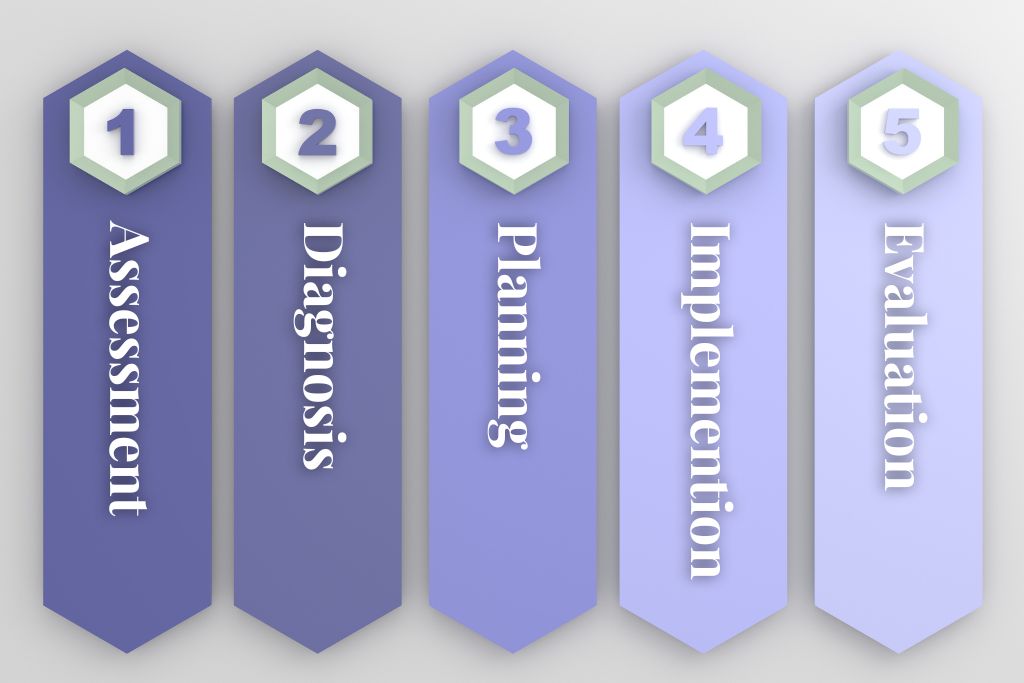 Mental Health Nursing. Five labels in gradients of purple showing the five areas of the nursing process.