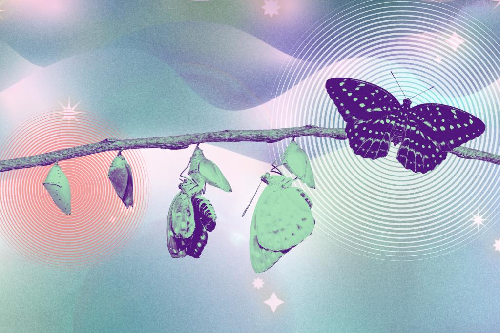 Pain-free. Image of a branch with a butterfly at different stages of it's metamorphosis transformation hanging from the branch. Behind this is a graphic sea of wavy water in blues and greens with white sparkles, and a soft pink cloud-like effect over it. Behind the butterfly on the left in pupa stage is a glowing red area, indicating pain. Behind the butterfly on the right in flight is a glowing white area, indicating relief from the pain. 