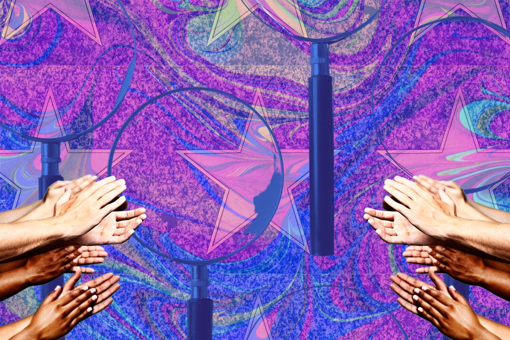 These foundations who support psychedelics are transforming the view of plant medicine. Image is a pattern of Hollywood stars with a colourful, psychedelic pattern overlaying it. There are a couple of magnifying glasses over that, with a group of applauding hands on either side. 