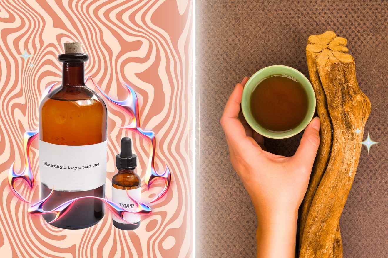 5-MeO-DMT. An image split into two by a white glowing line. On the left is a large brown bottle with a stopper that reads 'Dimethyltryptamine' with a smaller bottle with a dropper lid to the right that reads 'DMT' and some colorful chrome-like substance in a shape ring with some sharp bits jutting out. On the right, a top-down view of a person's hand holding a cup of Ayahuasca brew, with Ayahuasca bark to the right of it.