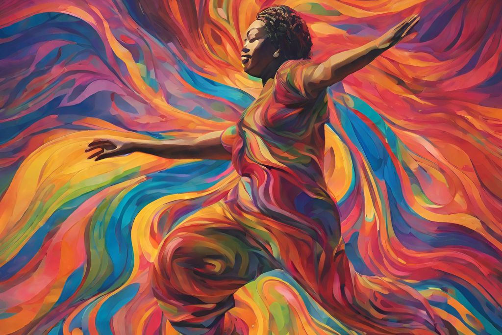 Integration Process. A paint-effect image which combines the fluidity and motion of a person engaged in mindful dance or movement with vibrant colors and flowing patterns in the background, which merge with the person's jumpsuit in the same patterns and colors.