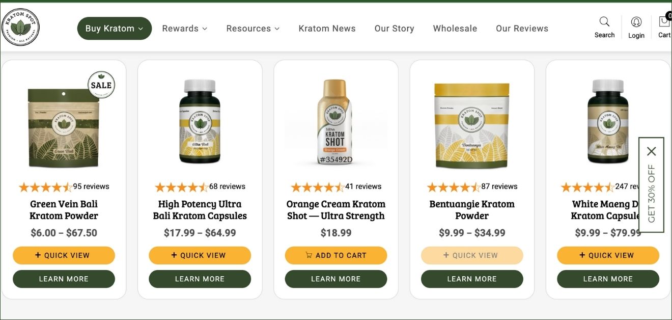 Kratom addiction. A screenshot of some kratom products for sale at one of many online kratom shops.