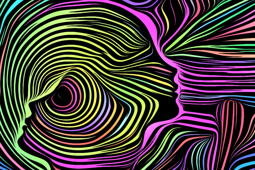 Healing the Inner Child with Ayahuasca. Artistic abstraction composed of a human face with a smaller, child-like human with within it, rendered in traditional woodcut style.