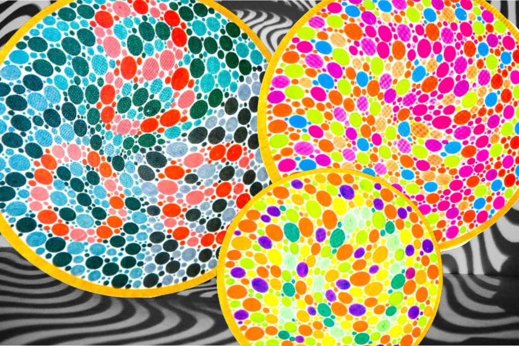 Psychedelics and Color Blindness. Image is of 3 different color blindness tests - those done with a circle of dots with a numerical value within the dots. These circles are distorted to indicate an effect of psychedelics. The background is in black and white, with curvy psychedelic lines.