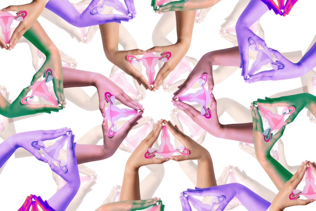Psychedelics for Women's Health. Image is a repeated pattern of a photo of feminine hands forming a triangle, with a cutout of a female reproductive system within the triangle. The pairs of hands are different shades of pale skins colour, lilac, pink, and green tints, and they form a concentric pattern.