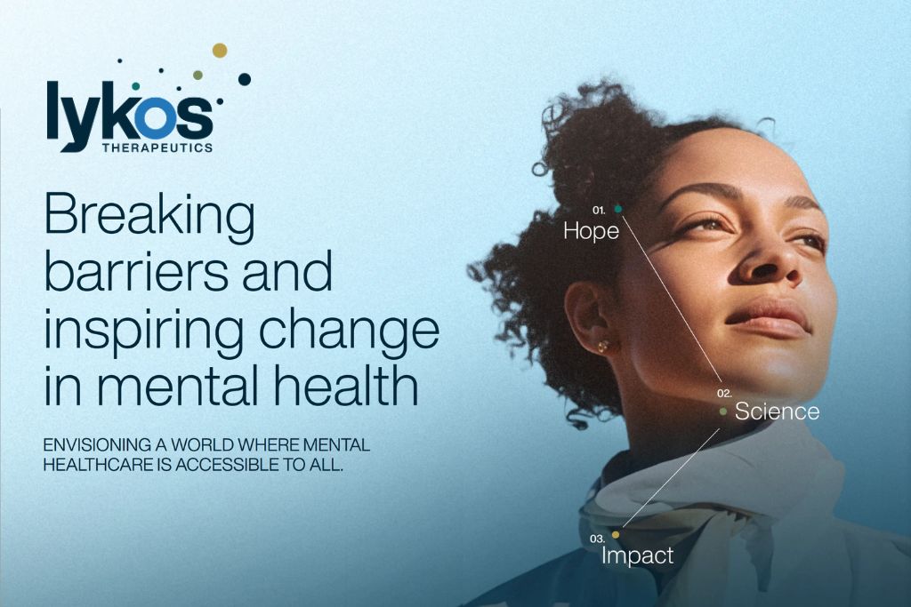Legal MAPS MDMA Therapy. A light blue gradient background with a female-presenting person looking off into the distance on the right. There are two lines over this image that join with a word at each end of the lines. Top-left says "01. Hope", middle-right says "02. Science" and bottom-left says "03. Impact". The Lykos Therapeutics logo is in the top-left corner, with text below that reads: "Breaking barriers and inspiring change in mental health. ENVISIONING A WORLD WHERE MENTAL HEALTHCARE IS ACCESSIBLE TO ALL."