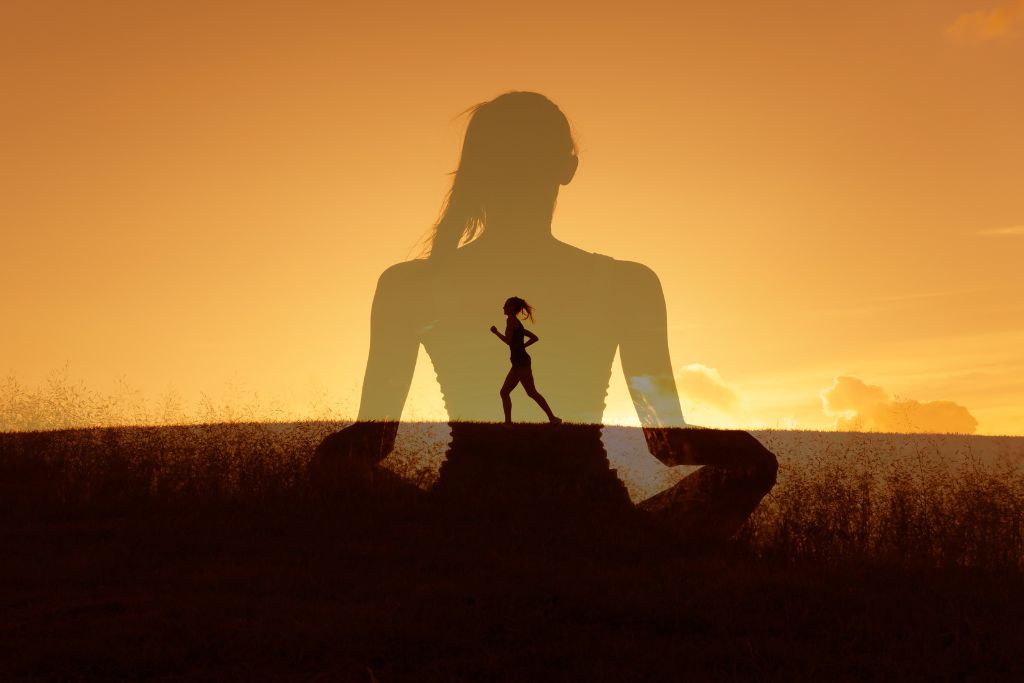 Psychedelic Preparation. Image is a side-view silhouette of a person with hair in a ponytail running across a landscape with a sunset in the background. Overlayed over the whole image is a much larger silhouette, with less opacity, of presumably the same person sitting in a meditative pose.
