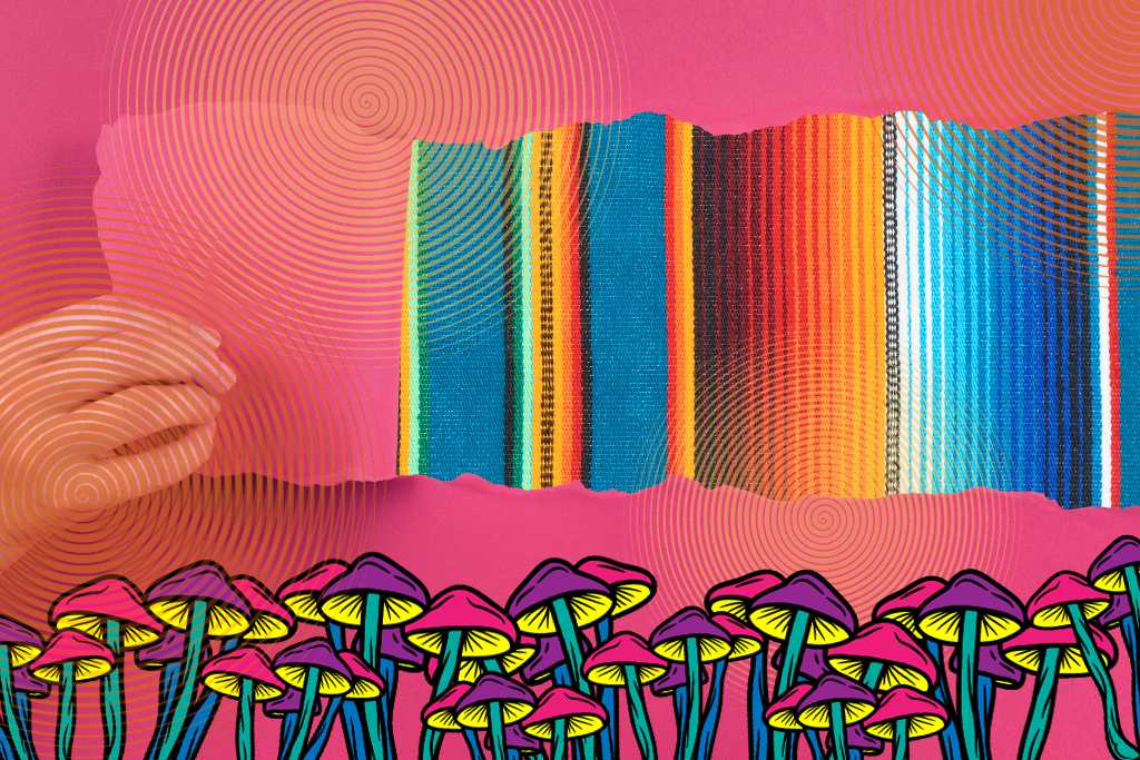 Cultural Identity. An image of a piece of paper or wallpaper being torn away to reveal a Mexican textile beneath. There are graphics of colorful psychedelic mushrooms along the bottom of the image.