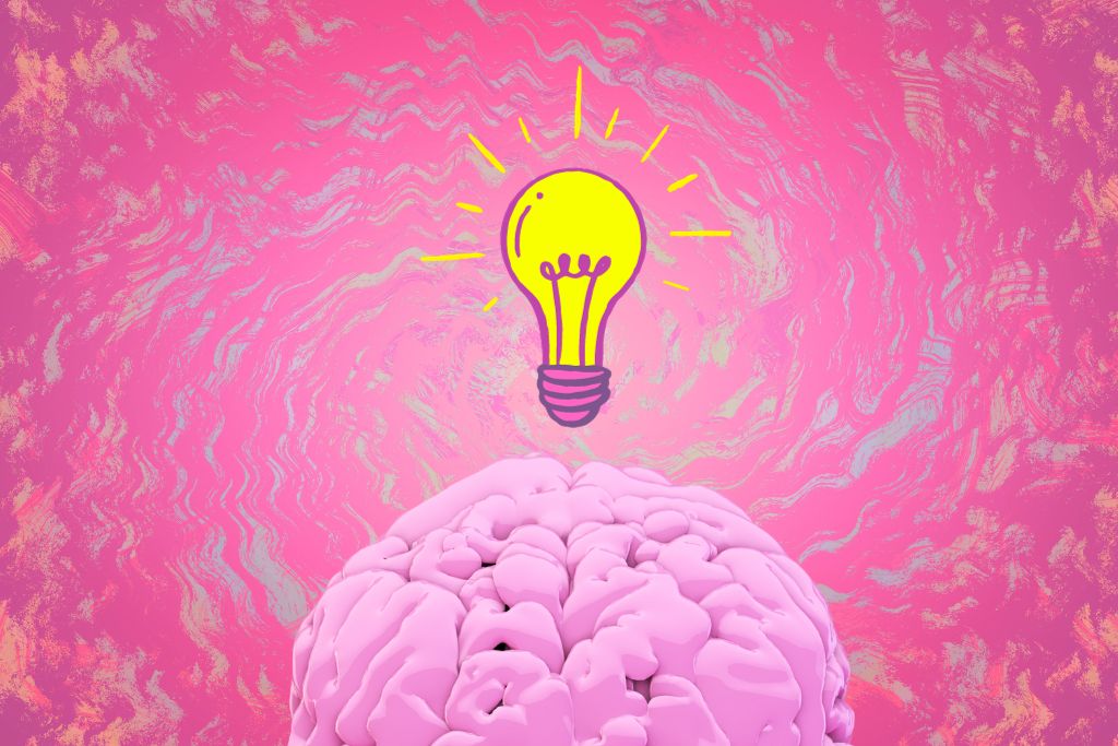 Psychedelic Insights. Brain with light bulb