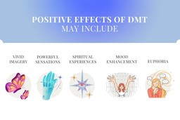 DMT Substance Guide. A list of some potential positive effects of DMT with associated images (from left to right): Vivid imagery (two butterflies), Powerful sensations (blue hand with sparkles), Spiritual experiences (a big star with a central eye, and two litle stars), Mood enhancement (a person with their hands in the air), Euphoria (a person with though bubbles and a peaceful facial expression)