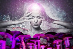 Psilocybin for Women. Galactic star-like purple and grey background with a woman in greyscale holding hands to temples and a glowing white light shining from forehead. Purple glowing psilocybin mushrooms line the foreground.