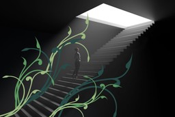 Shadow Work Journal Prompts. A person walking up a flight of stairs walking up out of the dark towards an opening at the top of the dark space. There are green vines growing around the person.