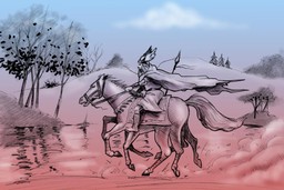 A depiction of a viking-like person riding through a some hills and trees on a horse. The drawing appears to be done in black charcoal and is on a blue and red-pink background.