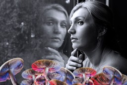 Cultural Appropriation. Image is of a female-presenting woman looking through a window, with their face close to the window, and their reflection as well. There are mushrooms along the base of the image, tinted with psychedelic purples and reds.