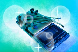 Magic Mushroom Dosing. Image is of a microgram scale with some psilocybin mushrooms resting on it. Everything is blue-green-turquoise with a white glow from behind the scale, and with sparkes and orbs of light over the image.