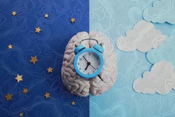 Psychedelics Influence Sleep. An image slip in two. On the left on a dark blue background are little gold stars dotted over the background. On the right on a light blue background are some white clouds. Both look like they are made from paper cutouts. In the middle between the two is a white brain with a light blue classic alarm clock resting on top of it - both look like they may be made out of clay. The whole image has a silver psychedelic pattern over it.