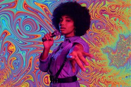 Celebrity with 70's afro hair wearing a purple jumpsuit, holding a microphone in one hand and the other hand reaching out to the camera, with a background of colorful psychedelic  swirling shapes.