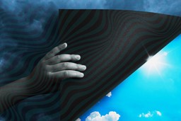 Making Sense of Bad Trips Through Storytelling. Image is a of a clear blue sky, which is partially covered with a sheet being pulled back to reveal the clear sky's. The sheet being pulled back is of dark, twisty stormy clouds.