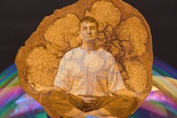 Can Ayahuasca. A colorful rainbow fractal in the baground, with a circle of Ayahuasca tree filling the image. There is a person overlaid over the image in a zen meditation pose with their eyes closed. They have short hair, and are wear a white shirt with tan pants.