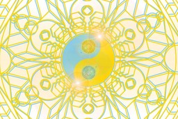 Mindful Microdosing. A stylized yin-yang symbol with a geometric pattern surrounding it, visually reflecting the themes of  balance and well-being, and visually representing the balance and harmony between mindful microdosing and mindfulness practices. Instead of black and white, the colours are calming light blue and soft orange. The graphic is on a pale yellow background with a white glow. There are sun glares on diagonally opposite edges of the yin-yang symbol. 