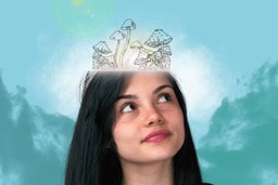 Magic Mushroom Dosing. Image is of a young-ish, light-skinned, female presenting person (from the neck up only) with long, straight dark hair and brown eyes. They are looking up and to the left (from their perspective) as if they are contemplating something. The top section of their head (above their eyebrows) has a white glowover it, and there are illustrations of mushrooms done with thin outlines, appearing as if they are either growing from their head, or something that they are thinking about. The background is textured with different shades of turquoisey blue.