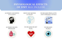 DMT Substance Guide. A list of some physiological effects of DMT with associated images (from left to right): First row - Altered cognitive function (profile, silhouette of a person's head with cogs turning in it), Reduced motor activity (hand reaching for a cube), Increased prolactin and cortisol levels (person with a loudspeaker facing them blasting sound, with wifi signals in the bakcground, and an high thermometer reading); Second row - Altered blood pressure (blood droplent with a heart rate pattern on it and a small clock face), Increased heart rate (heart with a heart rate pattern on it)), Increased pupils (the retina of an eye).