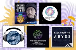 Psychedelic Podcast. A white background, with 5 images of the profile pictures of the 5 podcasts mentioned in the article. Behind the images are purple spirals of concentric circles, a flat-color soft yellow sun shape, as well as some graphics of psychedelic mushrooms.