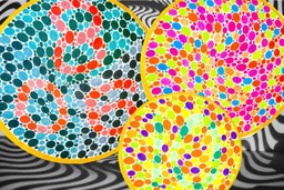 Psychedelics and Color Blindness. Image is of 3 different color blindness tests - those done with a circle of dots with a numerical value within the dots. These circles are distorted to indicate an effect of psychedelics. The background is in black and white, with curvy psychedelic lines.