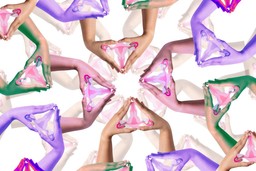 Psychedelics for Women's Health. Image is a repeated pattern of a photo of feminine hands forming a triangle, with a cutout of a female reproductive system within the triangle. The pairs of hands are different shades of pale skins colour, lilac, pink, and green tints, and they form a concentric pattern.