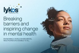 Legal MAPS MDMA Therapy. A light blue gradient background with a female-presenting person looking off into the distance on the right. There are two lines over this image that join with a word at each end of the lines. Top-left says &quot;01. Hope&quot;, middle-right says &quot;02. Science&quot; and bottom-left says &quot;03. Impact&quot;. The Lykos Therapeutics logo is in the top-left corner, with text below that reads: &quot;Breaking barriers and inspiring change in mental health. ENVISIONING A WORLD WHERE MENTAL HEALTHCARE IS ACCESSIBLE TO ALL.&quot;