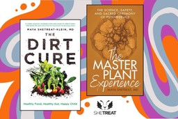Master Plants. The covers of Dr. Maya Shetreat's two books. On the left, The Dirt Cure, which has a white background and some vegetables in some soil. On the right, The Master Plant Experience, which has a brown background and a cross-cut of an ayahuasca plant. Behind the book covers on a white background is a psychedelic pattern in orange, purple, dusty blue and grey. Her logo is at the base of the image.